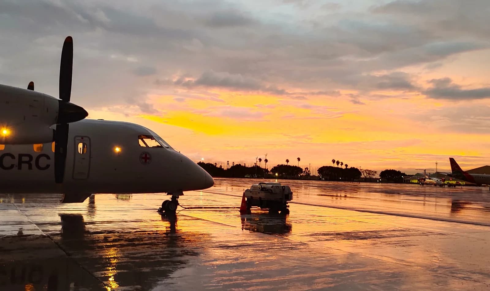 A Dash 8 in Red Cross (ICRC) markings on a wet apron at sunset.