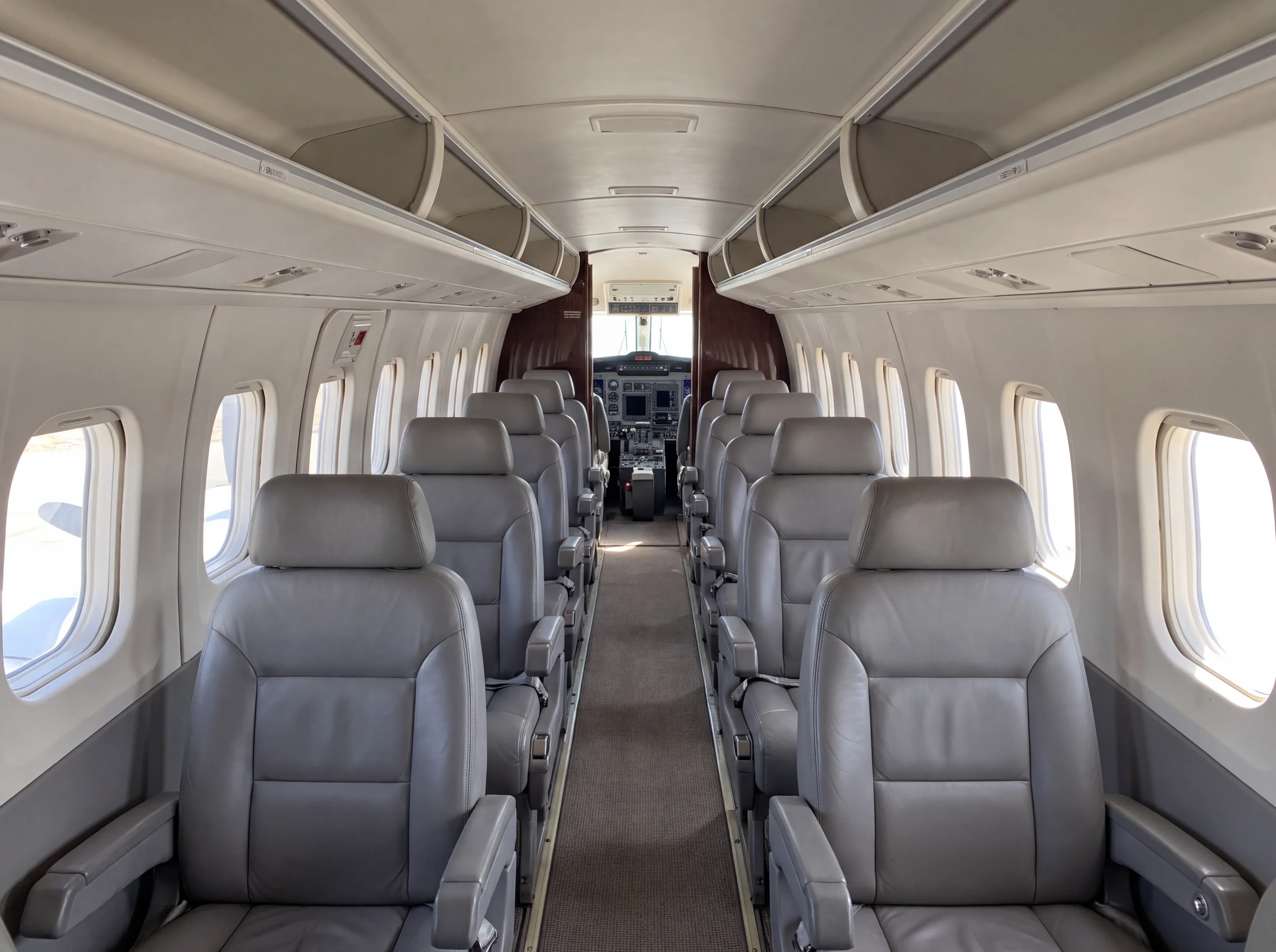 Beechcraft 1900D cabin, one seat either side of the aisle (AI-generated illustration)