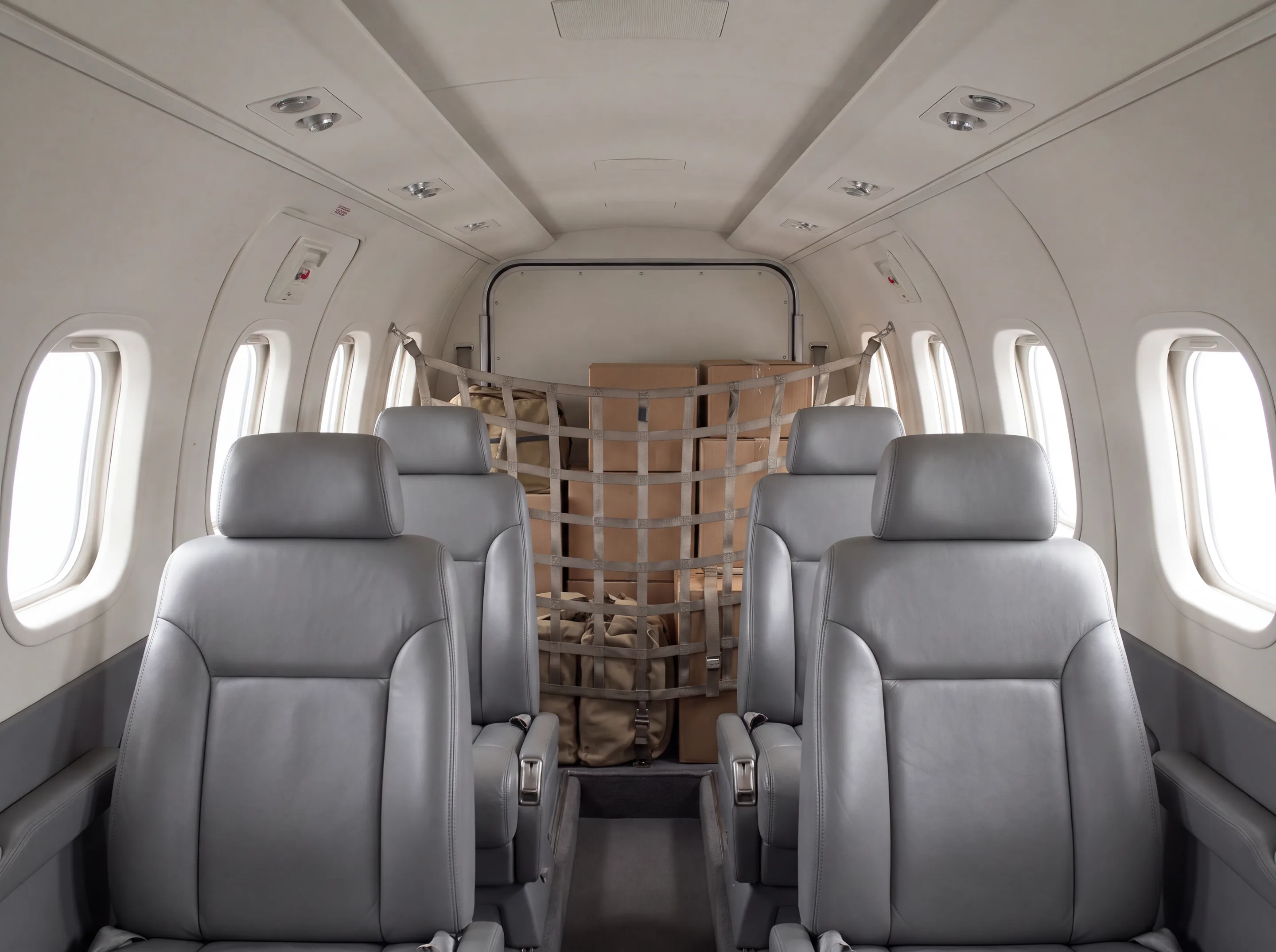 Beechcraft 1900D in combi layout, seats in front and freight behind a net (AI-generated illustration)