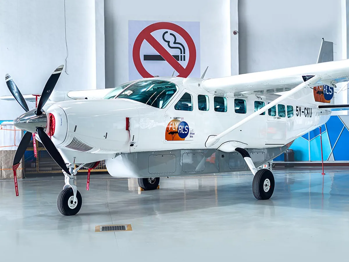 ALS Grand Caravan 5Y-CKU in Fly ALS colours in the hangar
