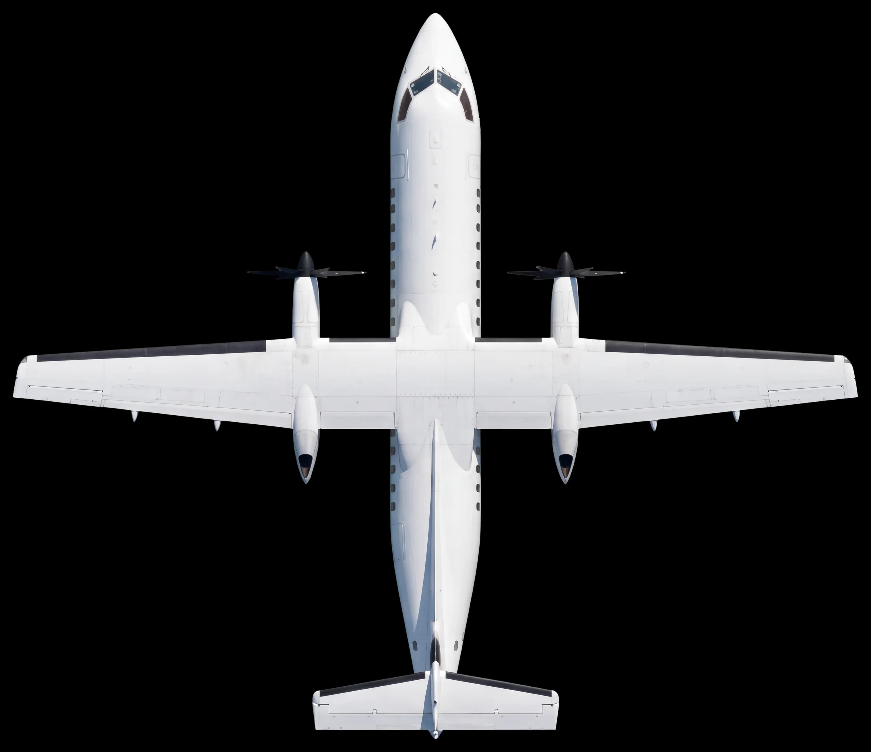 A Dash 8-100 in plain white seen from directly above (AI-generated illustration)