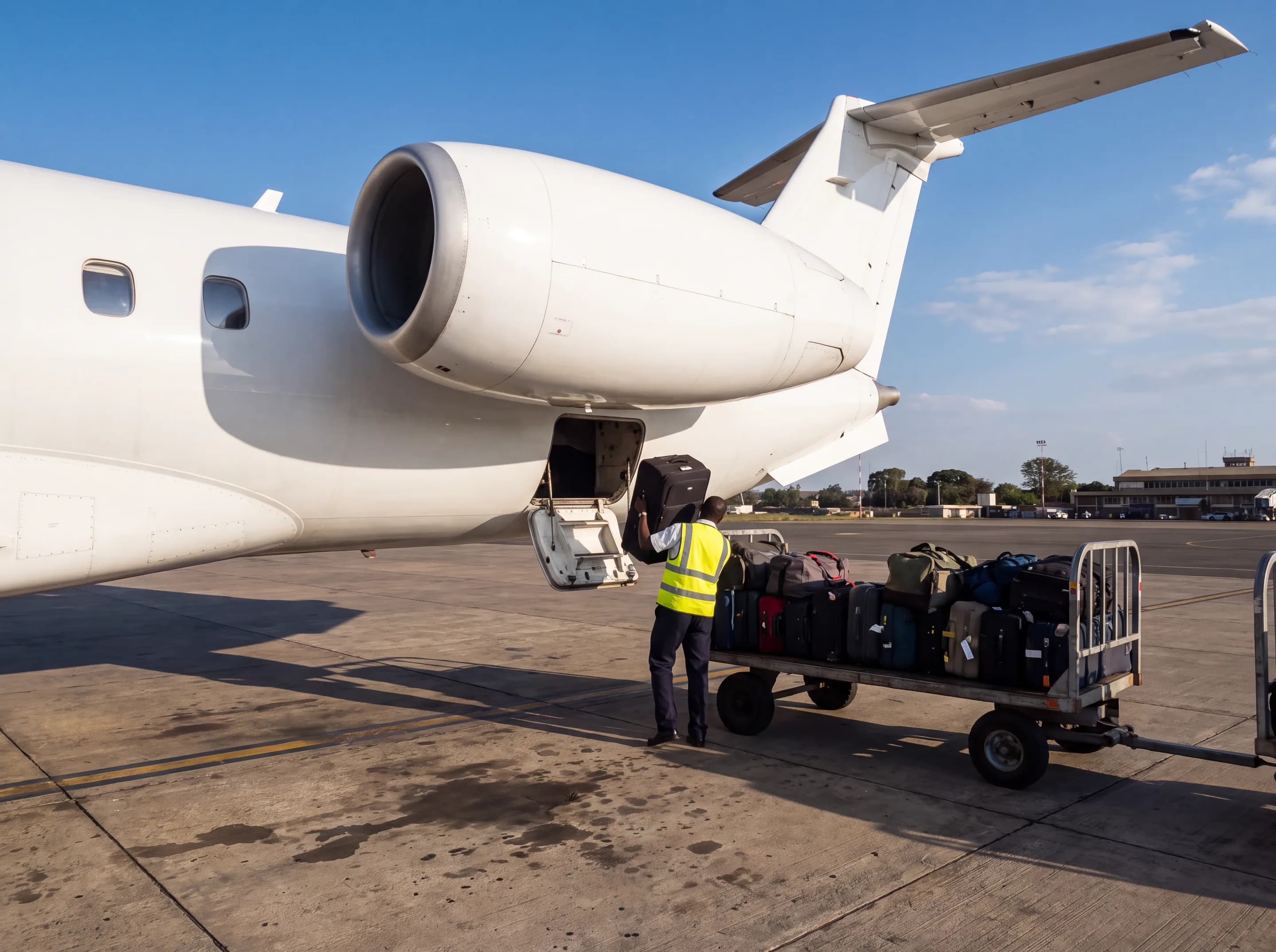 Loading bags through the ERJ-145's rear baggage door (AI-generated illustration)
