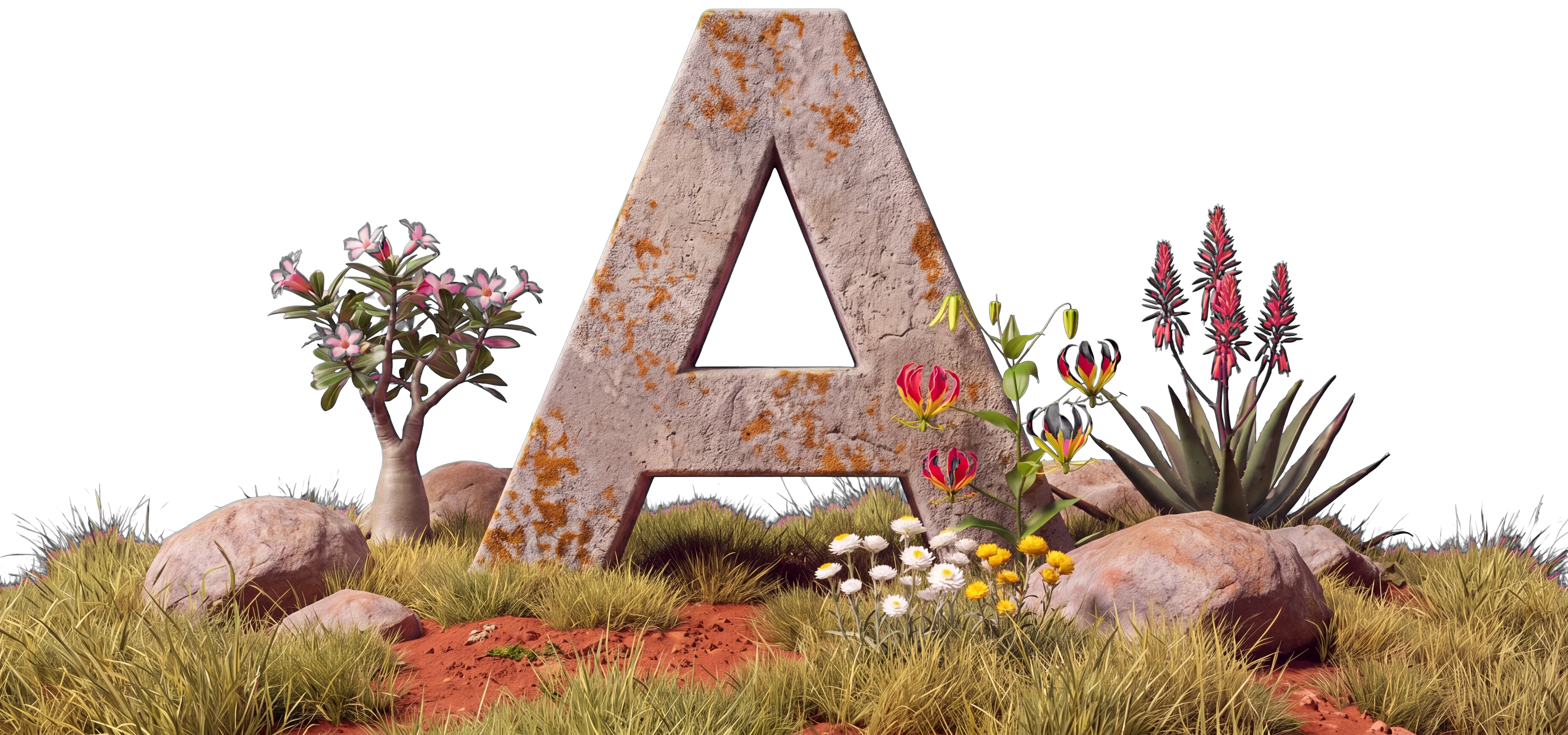 A weathered granite letter A on a mound of red earth and tussock grass, with a desert rose, flame lilies, an aloe in flower and everlastings around it.